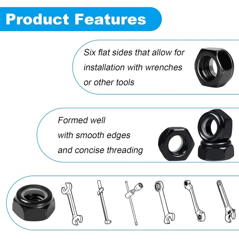 Yinpecly 20Pcs M10 x 1.5mm Nylon Insert Hex Lock Nuts Carbon Steel Zinc Plated Locknuts Self-Locking Nut M10 Metric Black Standard Threaded Nylock Nuts for Industrial Construction Fasteners - Image 5
